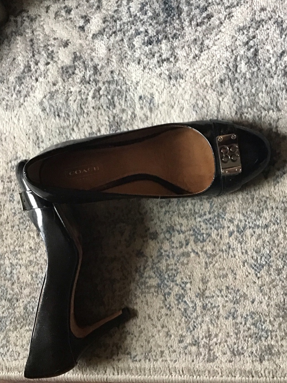 Coach Black Patent Leather Mid Heel Pumps with Silver Plaque